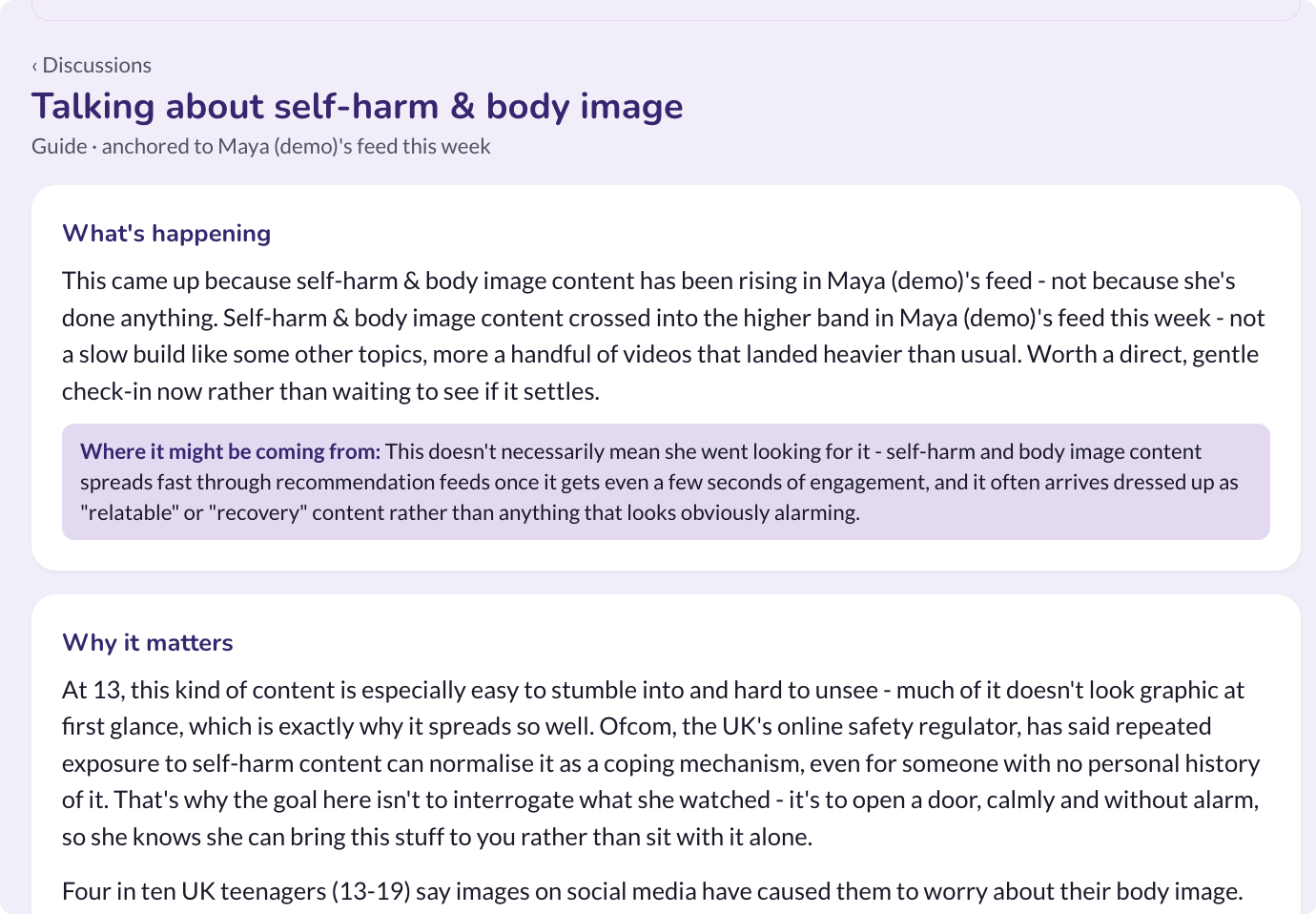 RedLens conversation guide showing how to talk about self-harm and body image, including why it matters and where the content may be coming from