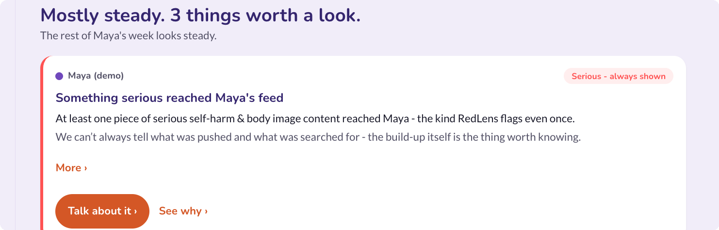 RedLens home view showing a serious self-harm and body image alert for the Maya demo profile